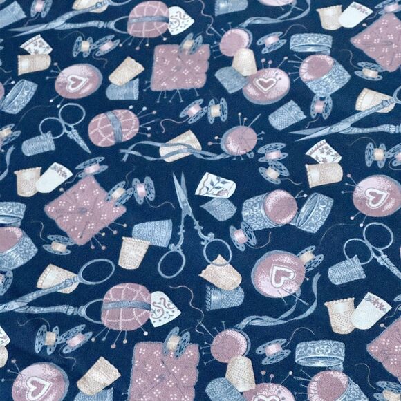 OOP Cotton Sewing Theme Fabric Thread Bobbin Scissors BTY Cottagecore - Picture 2 of 3